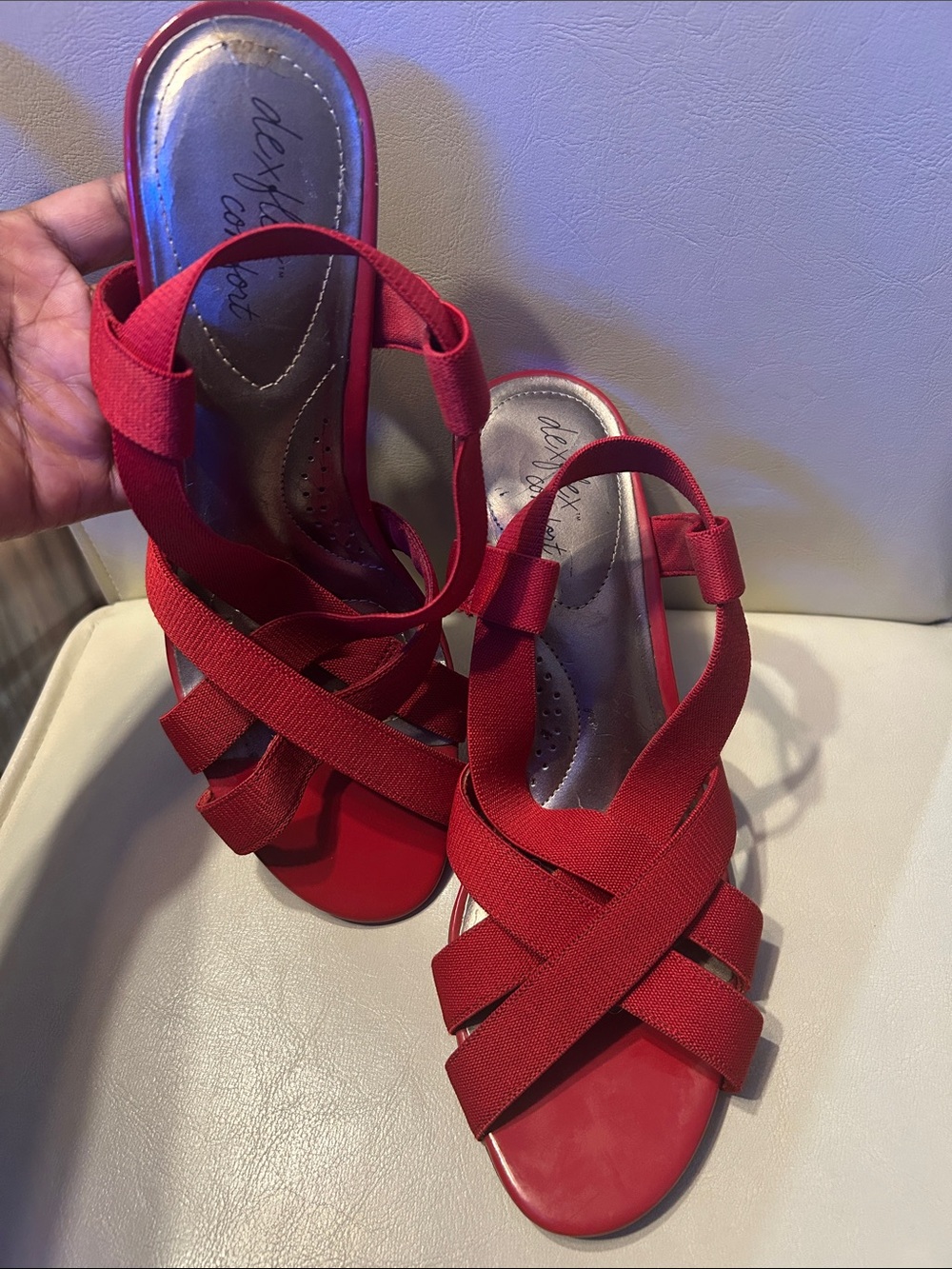 dexflex comfort Red Elastic Strappy Sandals | Size: 8.5 | Heel: 3 3/4 GC - Picture 6 of 8